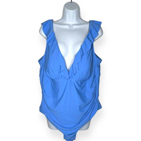 KONA SOL One Piece Bikini Ruched Ruffle Swim V-Neck Full Coverage Blue 22 - Picture 3 of 13